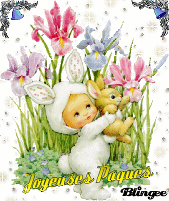 Joyeuses Pâques  "Bébé déguisé en lapin et décor fleurs"